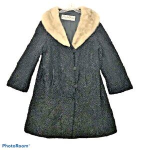 VTG 50s Fur Coat Women XL Black Persian Lamb Mink Collar Full Body Connecticut